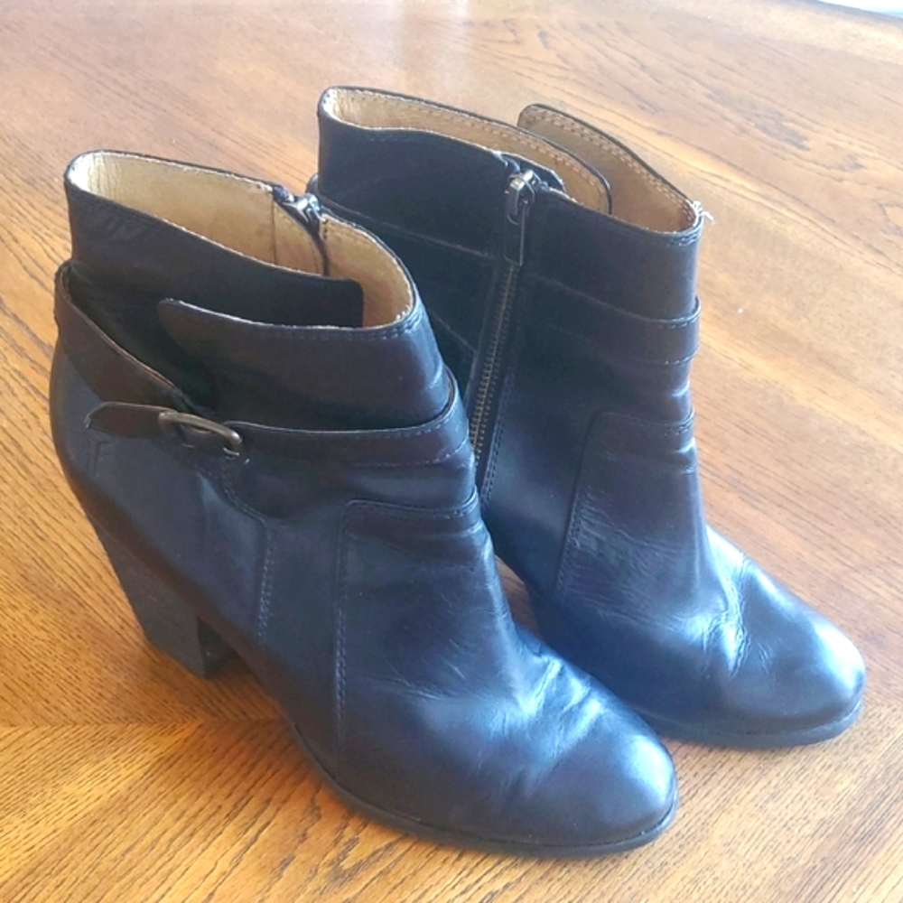 Frye Black Heeled Boots with Chunky Heel and Strap Detail